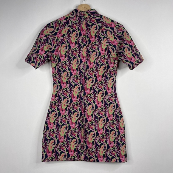 2/$30 NWT ZARA Floral Mini Shift Dress Navy Pink High Neck Short Sleeve #7305 - Picture 9 of 16